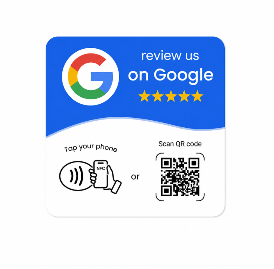 Karta NFC Rekomo na ladę — review us on Google przez NFC lub kod QR