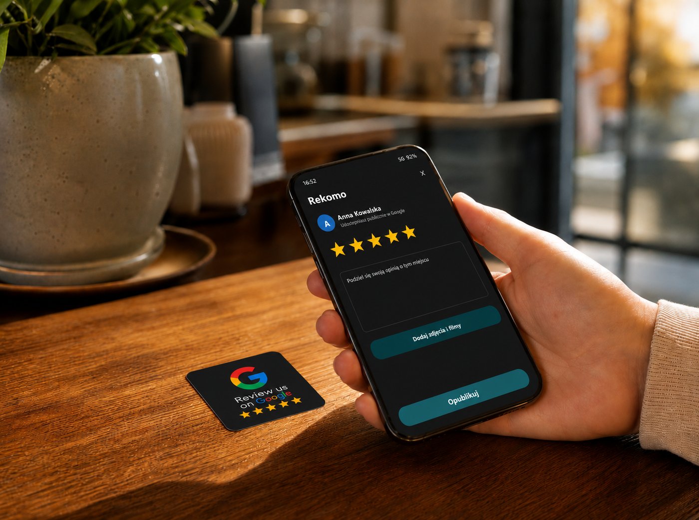Tag NFC Rekomo na ladzie — klient zostawia opinię Google telefonem